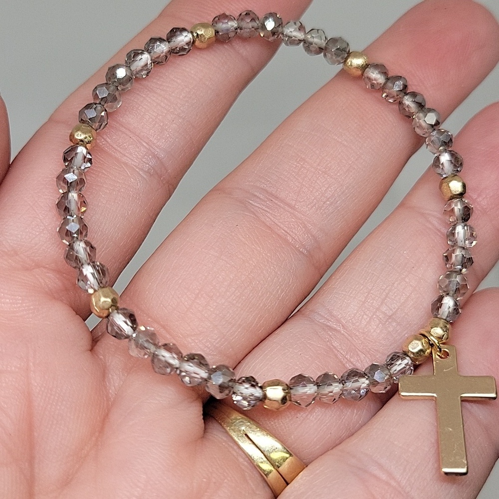 Cross Gold Tone Beaded 7" Stretch Bracelet